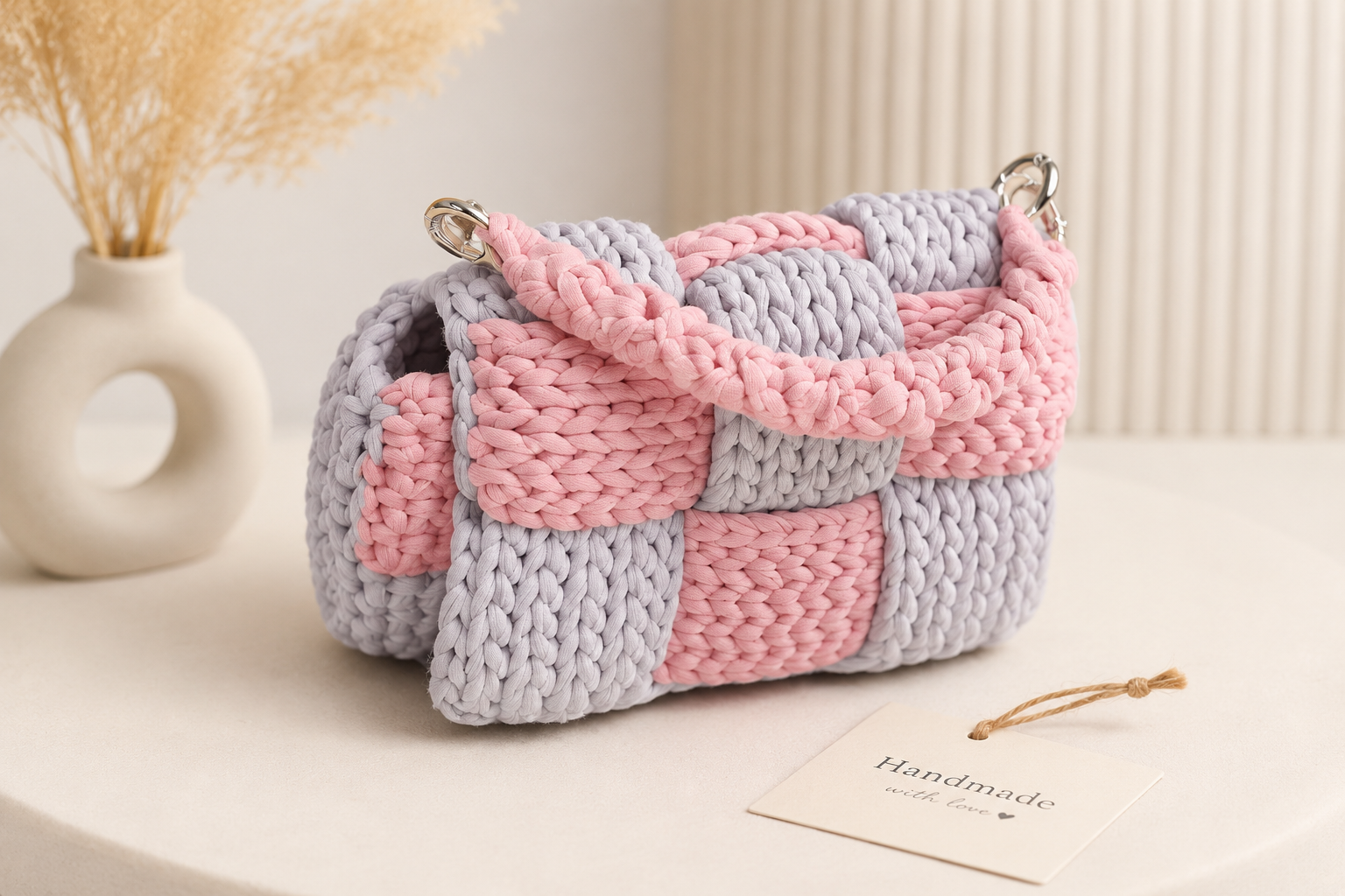 Handmade Crochet Mini Handbag | Pink & Grey Woven Design Upcycled Product Asset